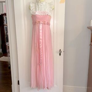 Vintage 60s/70s High Neck White Lace Pink Chiffon Pleated Prom Dress